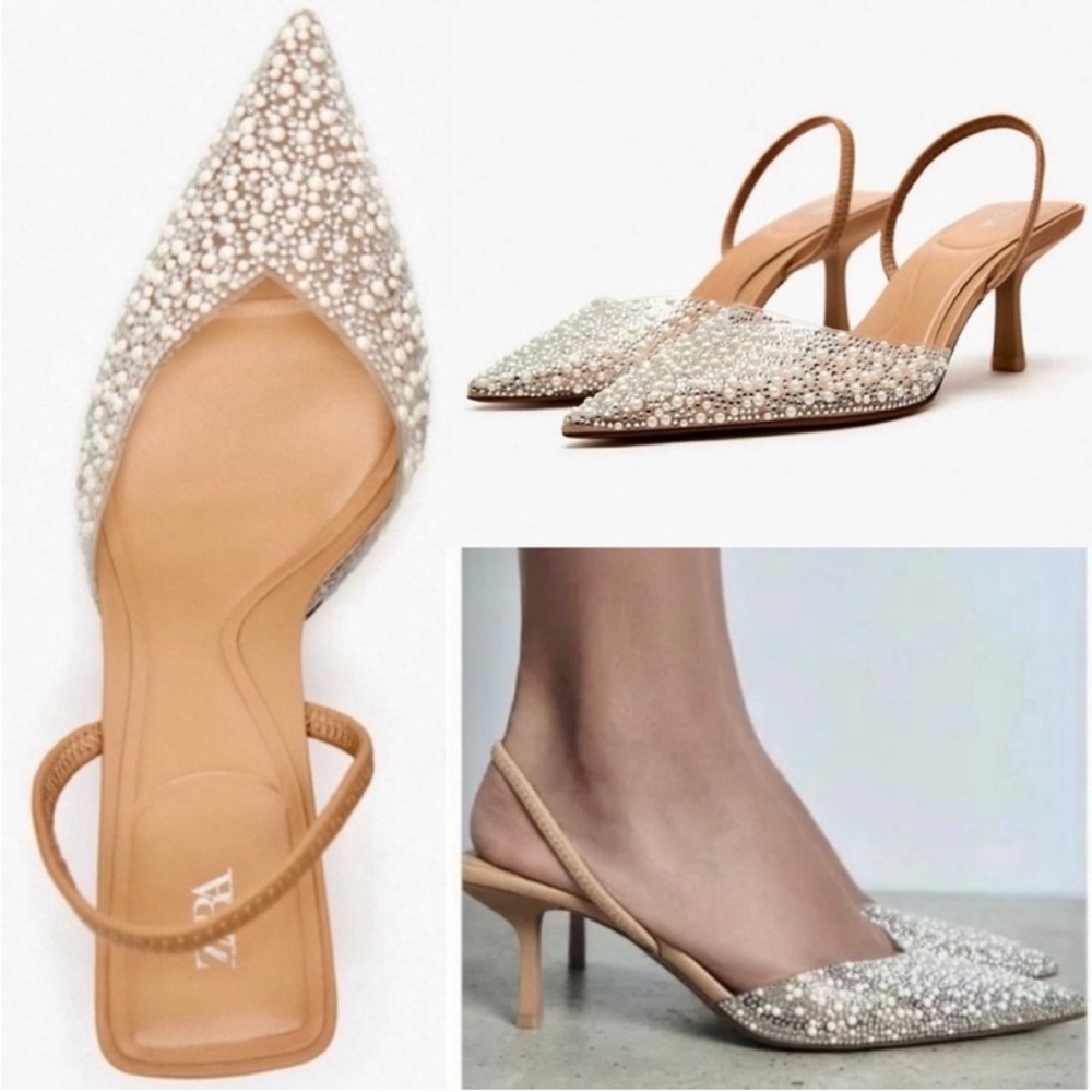 Zara Embellished Pearl Pointed-Toe Slingback Heels - Ivory